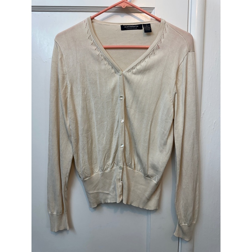 Liz Claiborne Collection 100% Silk Cardigan Sweater Cream Ivory Pointelle Medium